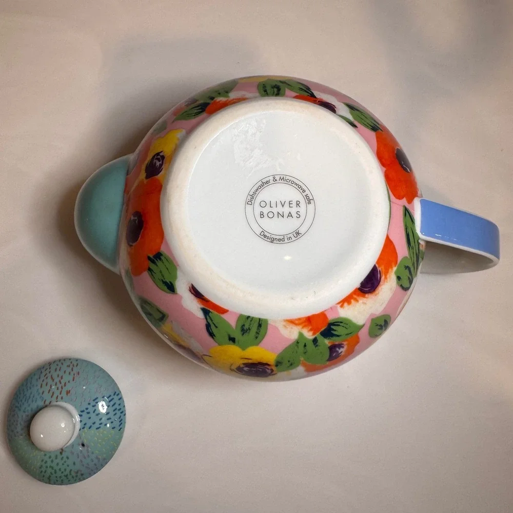 Oliver Bonas Floral Teapot Ceramic Pink Blue Orange Abstract Tea‎ Pot UK Design